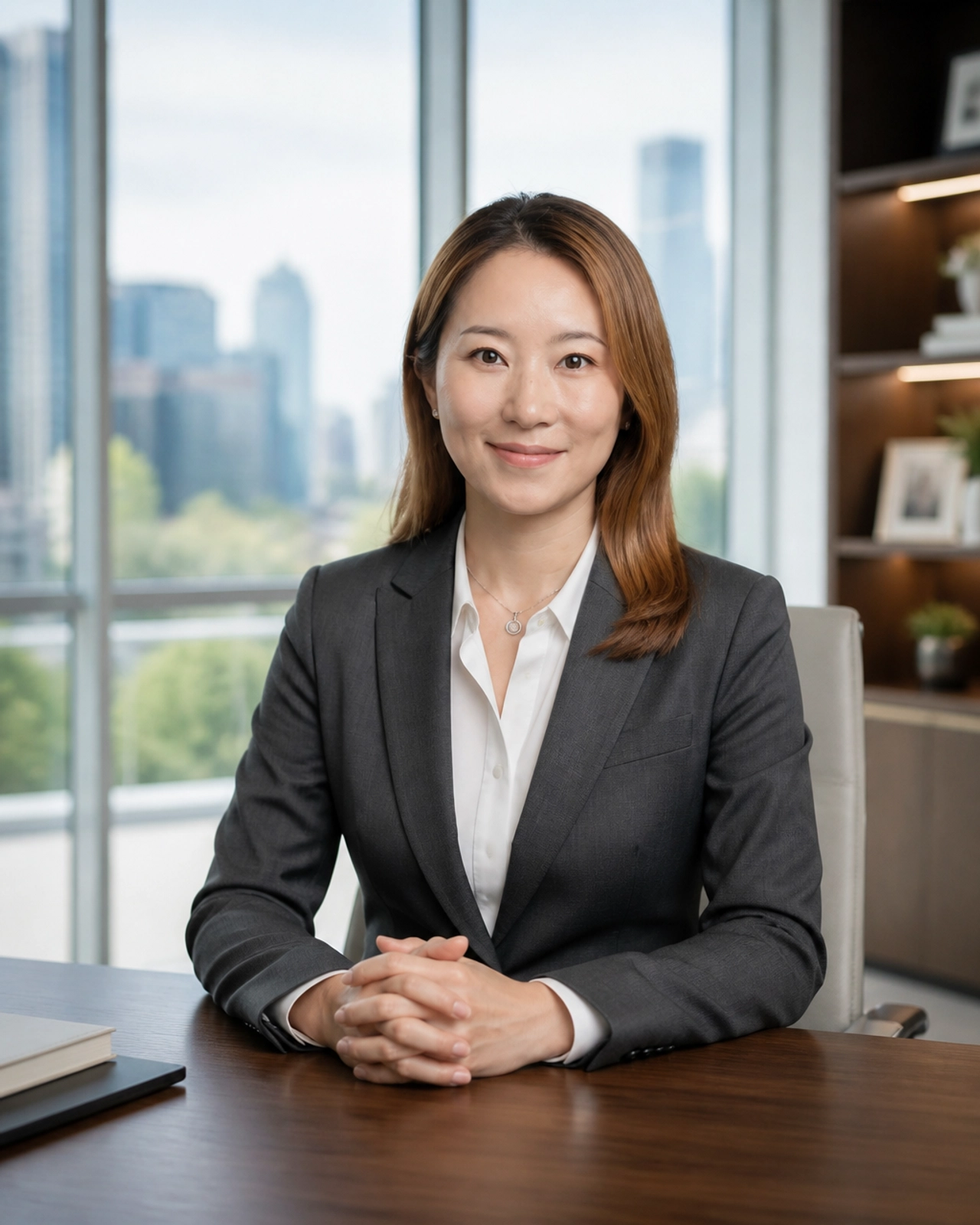 Cathy Dou, Broker of Record, providing professional consultation in a modern corporate setting