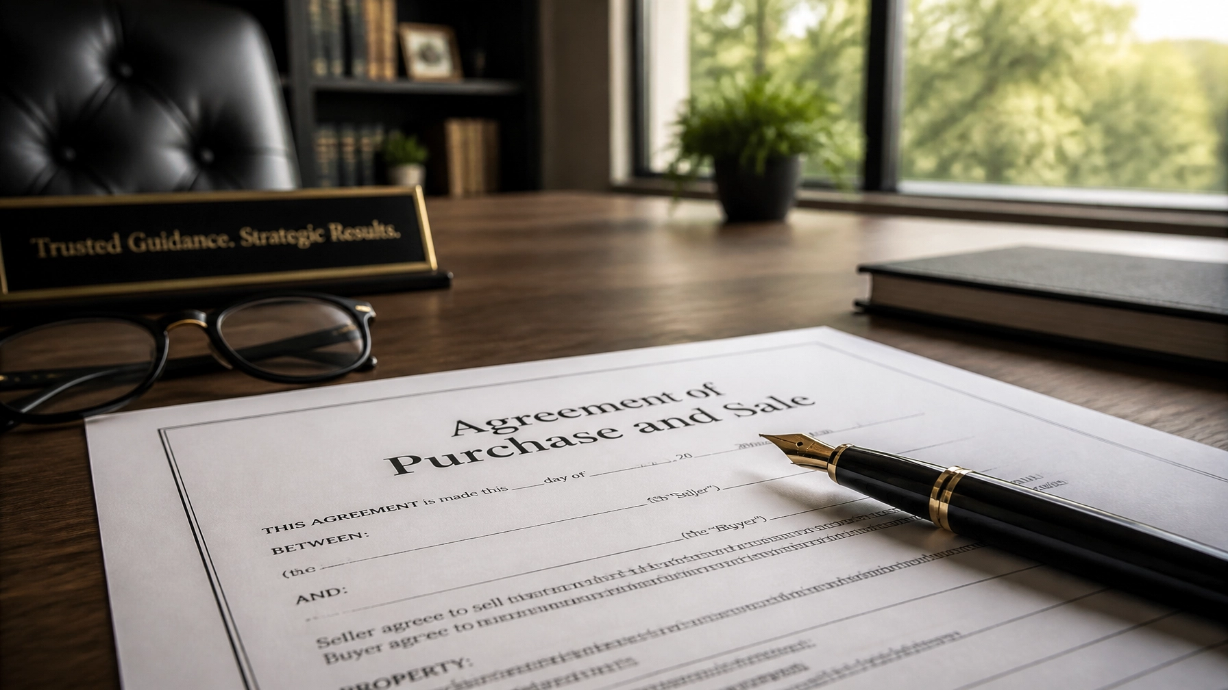 Professional real estate contract and high-end pens on a walnut desk, representing the precision and legal integrity of BuyRealty.ca Brokerage.