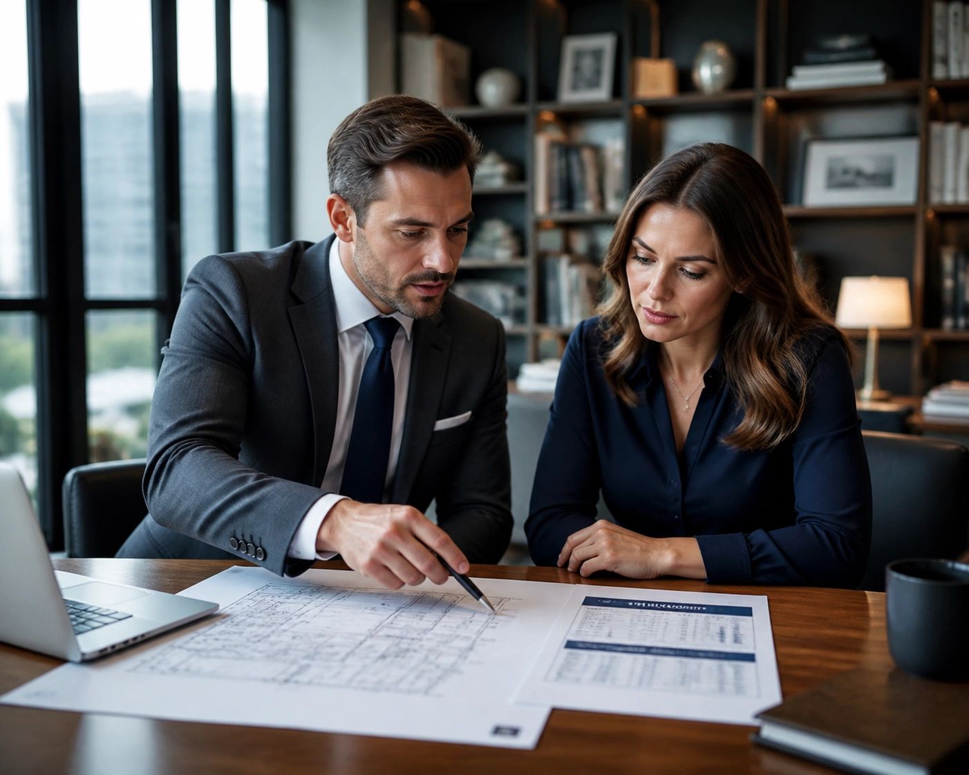 Real estate broker and client reviewing GTA pre-construction contracts and development charges.