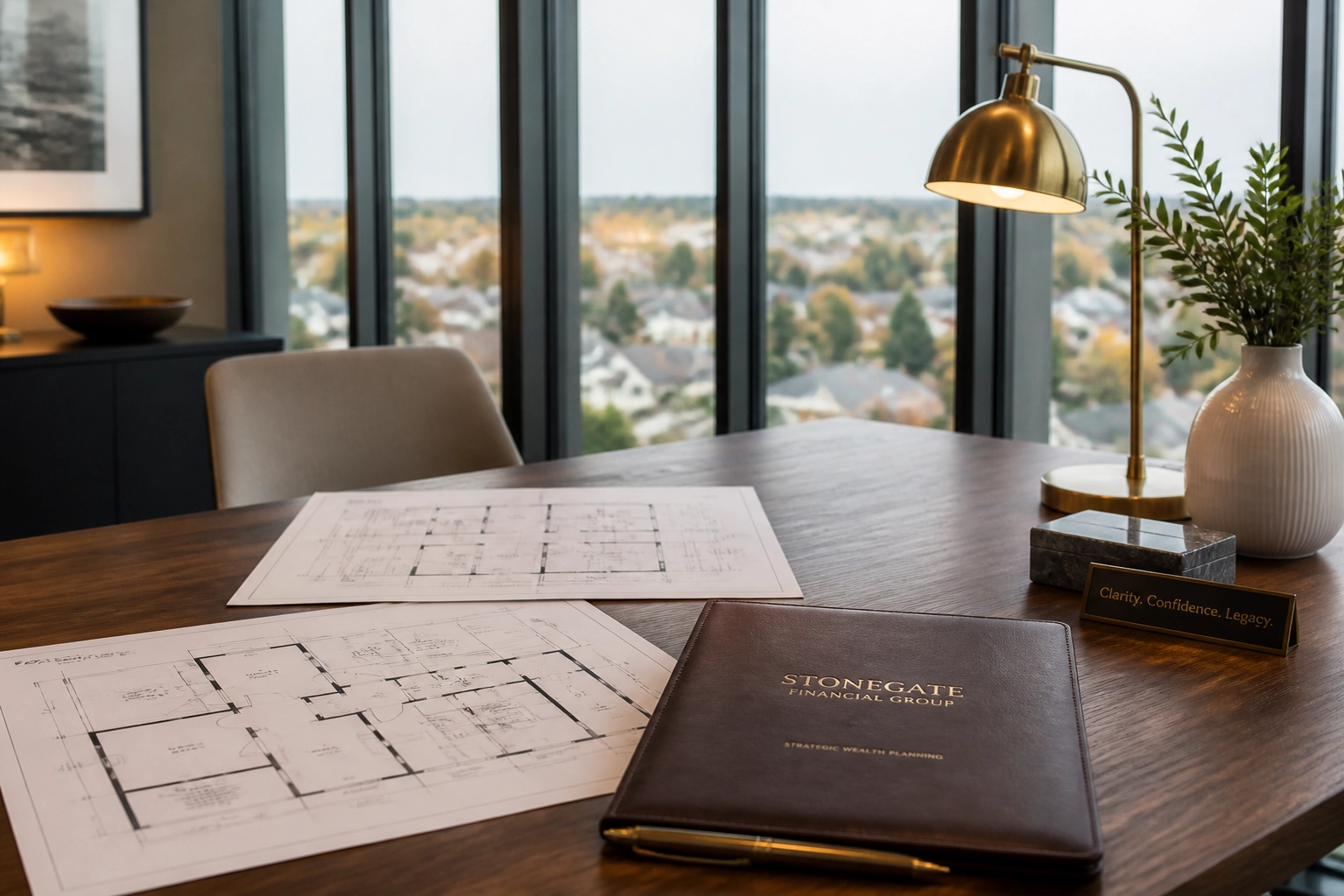 Professional real estate consultation table with home floor plans and investment strategy documents.
