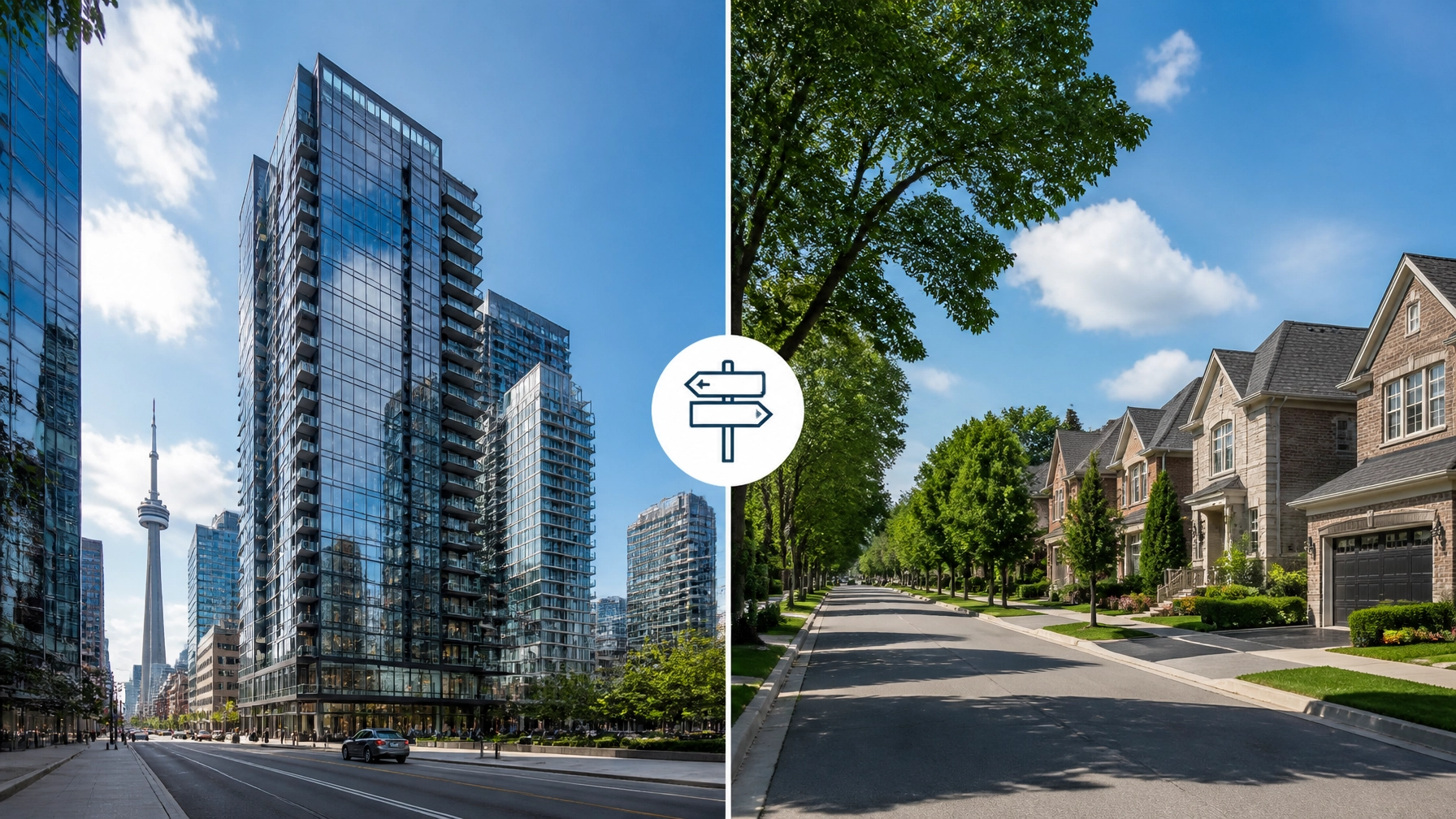 A split view showing the contrast between downtown Toronto condos and suburban Markham homes.