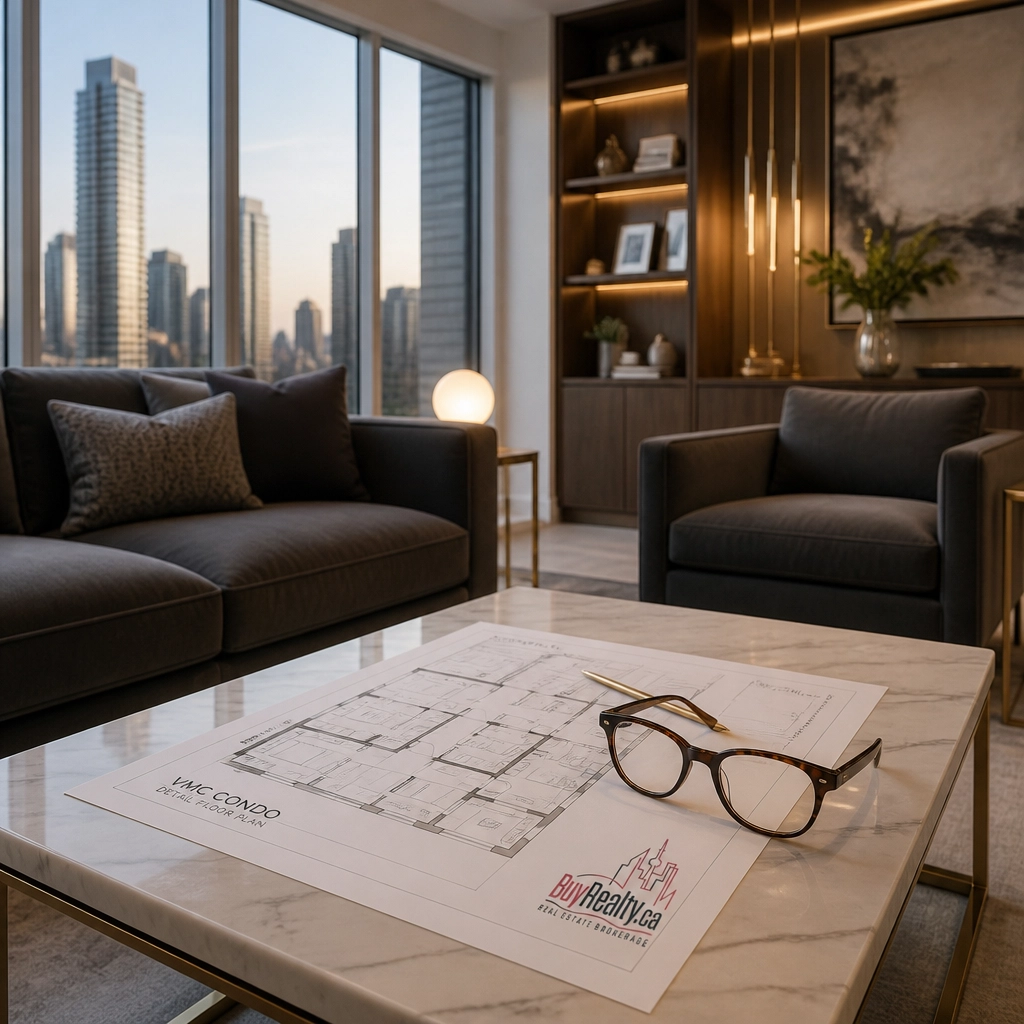 Modern upscale VMC condo interior featuring high-end finishes and urban views