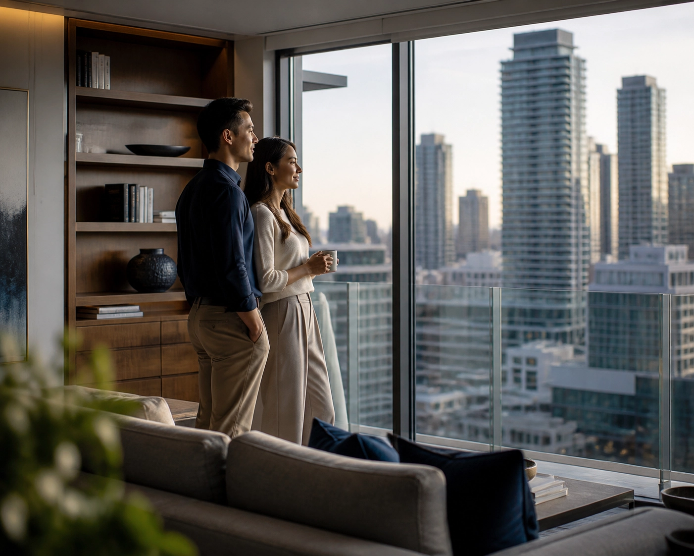 First-time buyers in a luxury North York condo interior with skyline views, showcasing Ontario market opportunities.