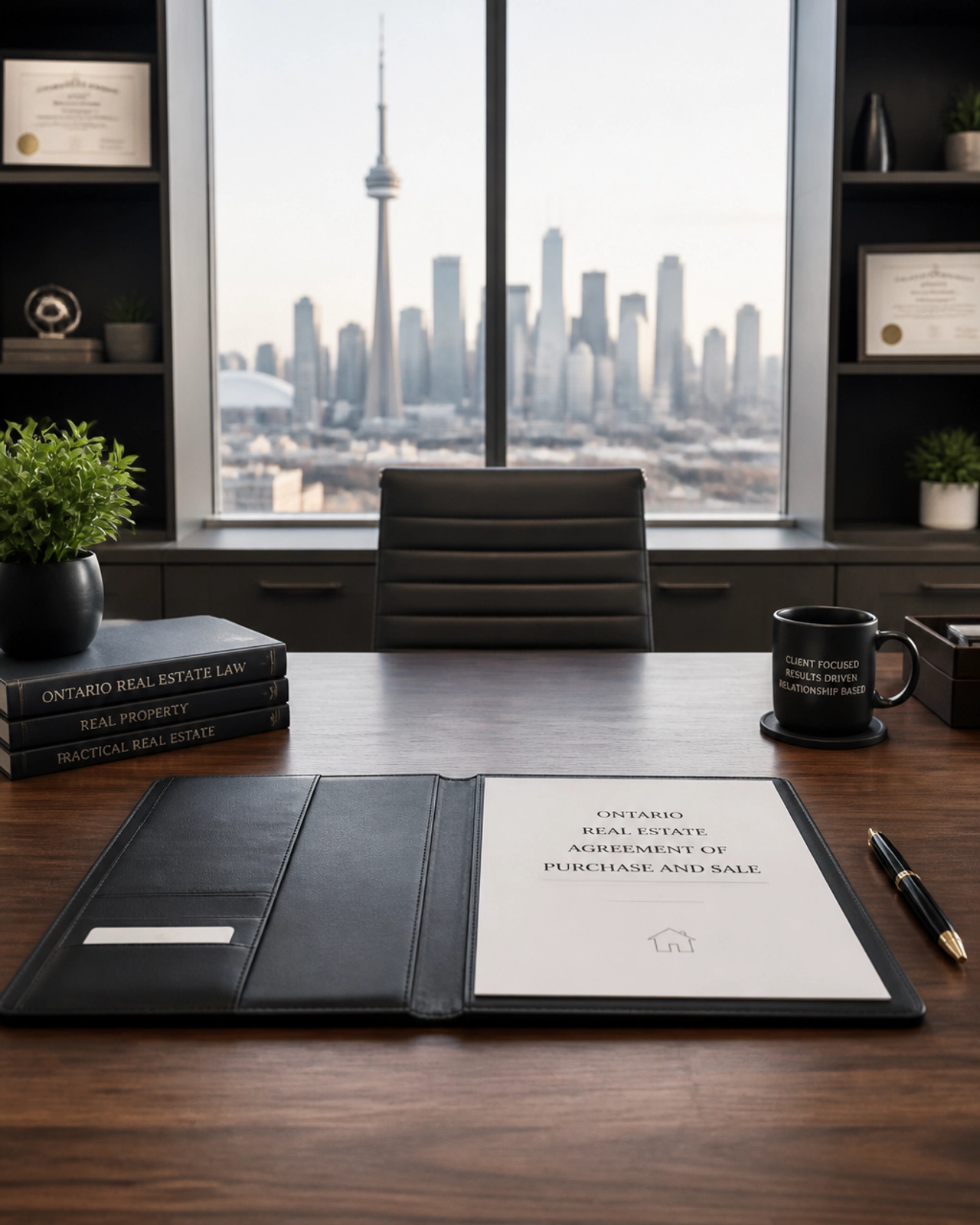 A professional workspace featuring a dark walnut desk, a leather folder, and a view of an Ontario real estate agreement, signifying strategic planning.