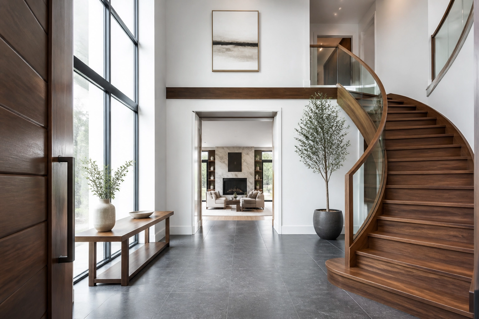 Luxury Richmond Hill home foyer featuring a Feng Shui-friendly curved staircase design.
