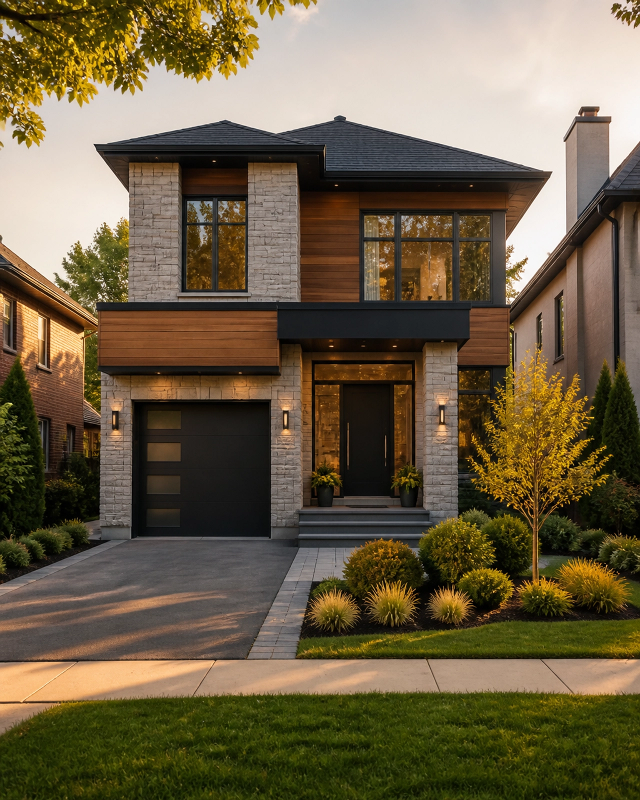 A modern detached home in a North York neighbourhood at golden hour